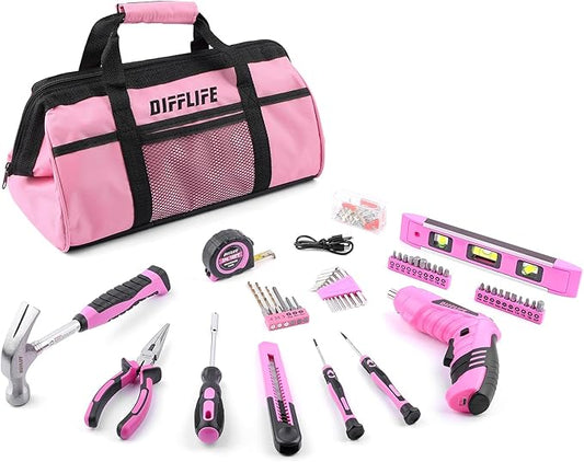 Pink Tool Set for Women, 126-Piece Lady's Power Screwdriver Cordless Rechargeable Set Home Repairing Tool Set with 13-Inch Wide Mouth Open Storage 126PCS 3.6V Electric Screwdriver Tool Bag