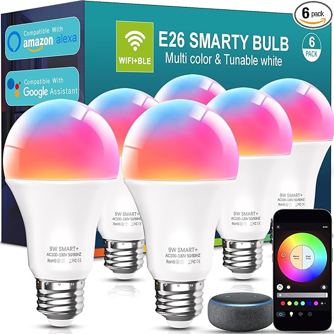 luckystyle Smart Light Bulbs, 9W A19 E26 800LM WiFi Bluetooth LED Bulbs Compatible with Alexa, Google Assistant & Home, 16 Million Colors Music Sync Color Changing Dimmable RGBWW Lights Bulb (6)