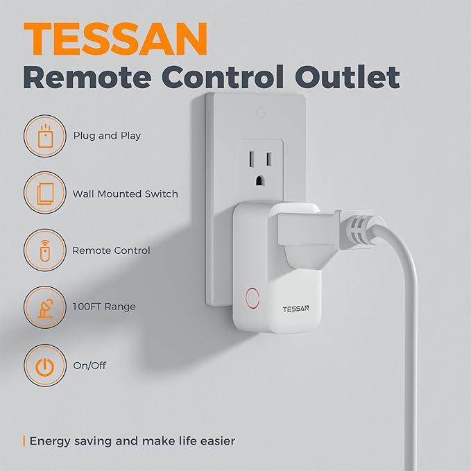 TESSAN Remote Control Outlet Wireless Wall Mounted Light Switch, Range 100FT Remote Control Outlet Plug, Wireless Light Switch for Indoor String Lights, Lamps, 1875W