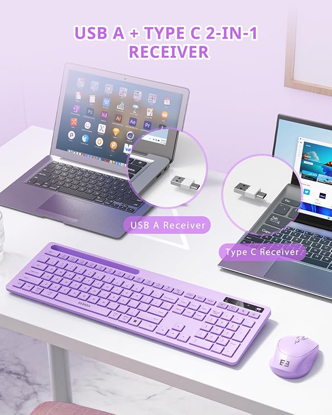 Wireless Keyboard and Mouse for MacBook, seenda Full-Size Purple Keyboard with Phone Holder, 2.4G USB A & Type C Receiver, Compatible for Mac, MacBook/Air/Pro Windows Computer/Desktop/Laptop