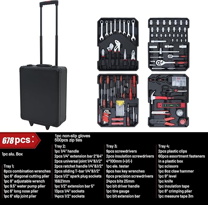 678PCS Complete Home Tool Set Versatile Rolling Tool Kit for Professional Repair and Maintenance - Heavy and Duty Portable Tool Box with Wheels