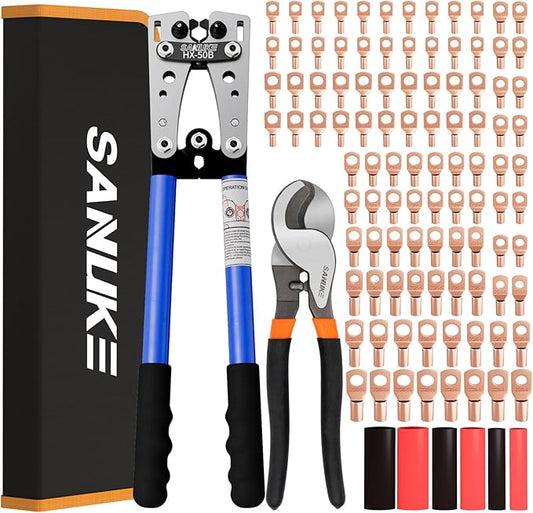 Sanuke Battery Cable Lug Crimping Tool Kit for AWG 8-1/0 Electrical Wire Lugs, Wire Crimper with 100pcs Ring Terminals 100pcs Heat Shrink Tubing and A Bag