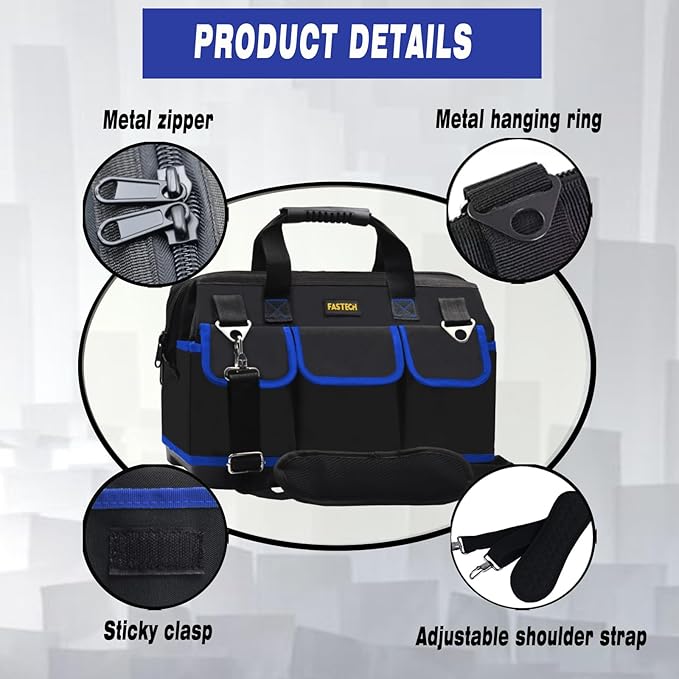 18 Inch Tool Bag, Waterproof Wide Mouth Tool Kit, Heavy Duty Tool Bag Organizer With Shoulder Straps, Tool Storage Package For Men/Women (Blue18IN)
