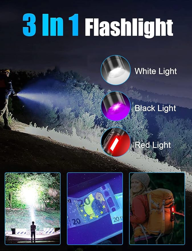 UV Rechargeable Flashlights Tactical,1000 High Lumens 3 in 1 LED Black Light Flashlight -Magnetic Base/Sidelight/Zoomable, Bright Pocket Flash Light for Stains Detection Camping Emergency,2PCS