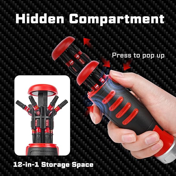 Mini Changeable Head Manual Screwdriver Holder Set, 12-in-1 Multi-bit Magnetic Screwdriver Quick-Load Mechanism, with 12pcs S2 Steel Phillips/Slotted/Torx/Square Bits