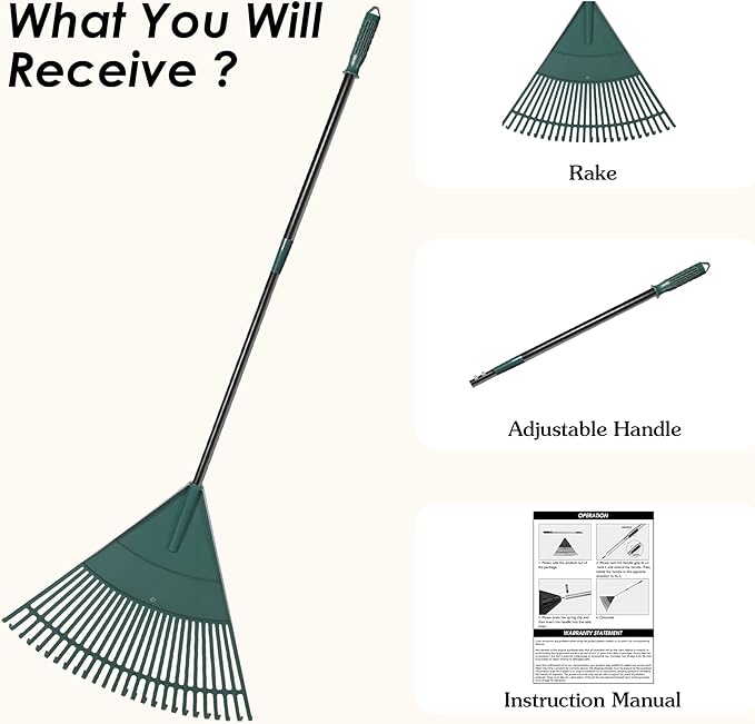 ORIENTOOLS Garden Leaf Rake, Garden Rakes for Lawns Leaves with 47-65" Adjustable Black Handle Rake, 26 Strong Tines Plastic Head Shrub Rake, Yard Garden Rake for Lawns, Flower Beds Leaves Cleaning