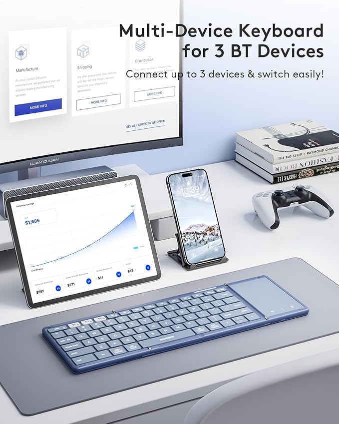 Samsers Foldable Bluetooth Keyboard with Touchpad, Full-Size Wireless Folding Keyboard with PU Leather, Portable Travel Keyboards for iOS Android Windows Mac OS, Support 3 Devices (BT5.1 x 3), Blue