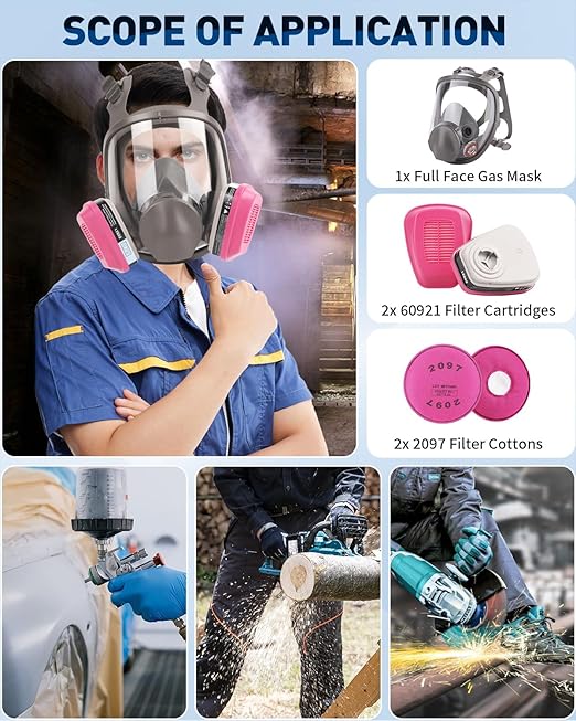 Full Face Respirator Mask - 6800 Reusable Gas Mask Anti-fog with 60921 Filters Prevent Dust Fumes Vapors Widely Used for Painting, Sanding, Polishing, Spraying and Other Work Protection