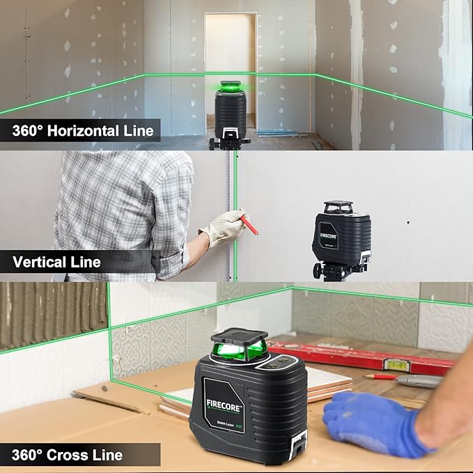 Laser Level with Tripod, Firecore 360° Self Leveling Cross Line Laser Level with Pluse Mode, Green Lazer Leveler tool for Hanging Pictures Wall Tile Construction, L-Bracket & Carry Pouch Included