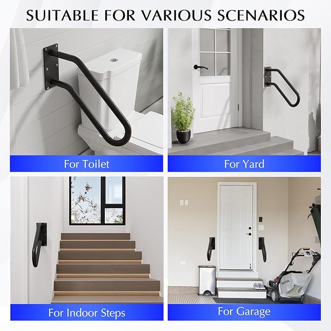 Hand Rails for Outdoor 1-2 Steps, Indoor Stairs, Bathroom, Wall Mount Non-Slip U-Shape Stair Hand Railing Black 1 Pack