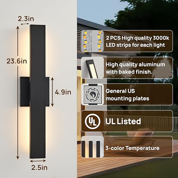 Upgraded 23.6in Black Long Modern LED Outdoor Wall Lights 3000K 4000K 5000K Dimmable Exterior Wall Sconce Outside Light fixtures for House Garage Front Door