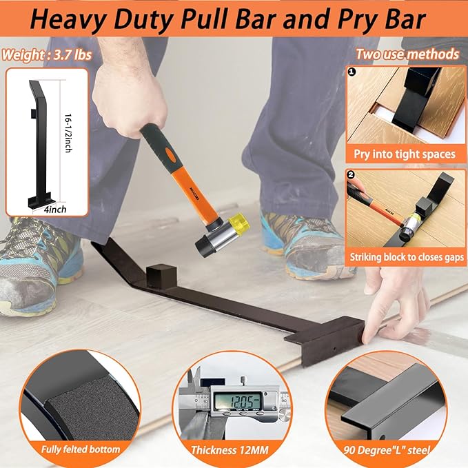 Laminate/Vinyl Flooring Tools, NAACOO Heavy Tapping Block, Heavy Pull Bar, Knee Pads, 10” Contour Gauge, 40pc Flooring Spacers, Rubber Mallet - 6 in 1 Floor Installation Kit