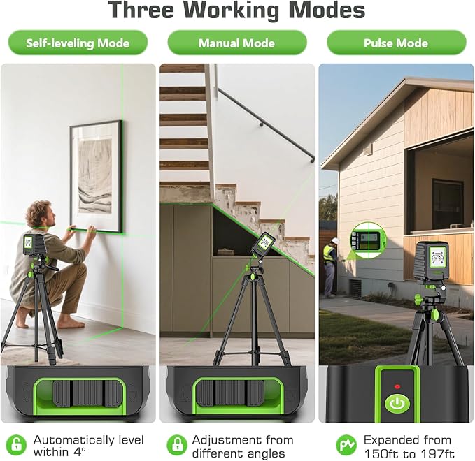Laser Level with 60in Tripod, Huepar 150Ft / 150° Self Leveling Lazer Leveler Tool Outdoor Use(Pulse Mode-197Ft), Switchable Green Cross Line for Picture Hanging, Tile, DIY/Construction Project
