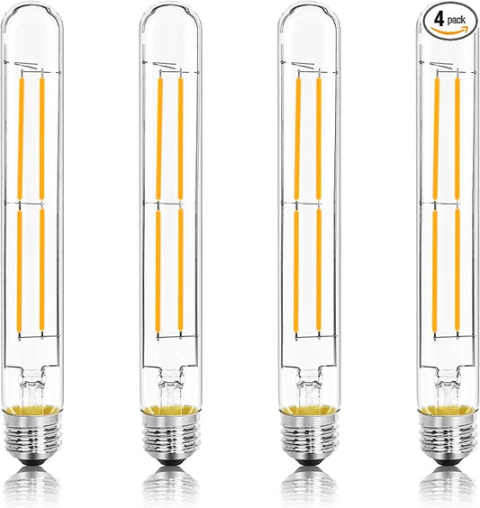 8.9IN LED Light Bulbs E26 Base, 6W 800LM 2700K Soft White T10 T9 Vintage Edison Bulbs Dimmable, AC 120V Equal 80 Watt Clear Glass Long Tubular Filament Bulb, UL Listed - 4Pack
