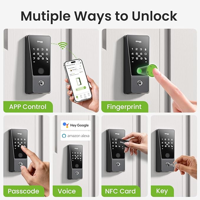 GHome Smart Locks for Front Door with WiFi – 6-in-1 Keyless Entry Smart Fingerprint Lock with Keypad, Auto Lock, App Control, Easy Installation, Smart Deadbolt Lock, Airbnb, Rental, Smart Home
