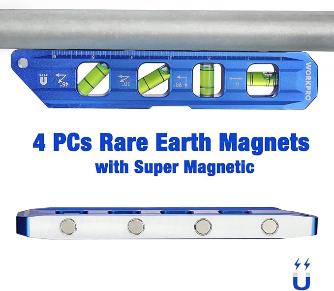 WORKPRO 8-Inch Magnetic Torpedo Level, Aluminum Alloy Construction, 4 Bubble Vials for 0°/90°/45°/30° Measurements, Cobalt Blue