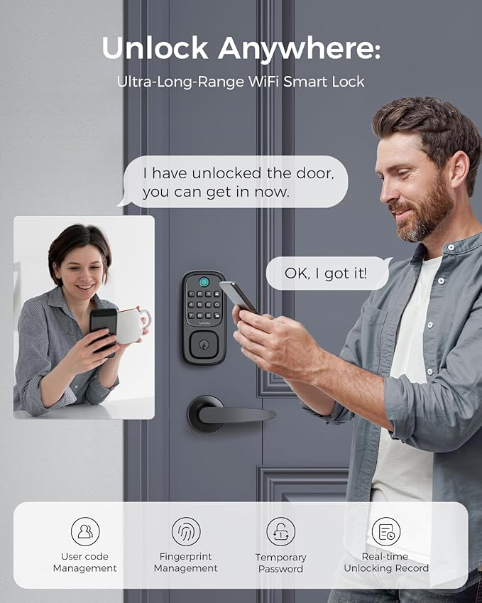 Smart Lock, LNDU Wi-Fi Keyless Entry Door Deadbolt Lock with HandleSet, Supports Fingerprint, Amazon Alexa, Google Assistant, App Control, Auto-Lock, One-Time Code, Anti-Peeking Password