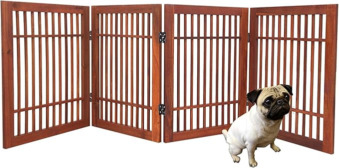 Pet Dog Gate Strong and Durable Freestanding Folding Acacia Hardwood Portable Wooden Fence Indoors or Outdoors by Urnporium (Brown Pet Gate, 4 Panel 24" Tall)