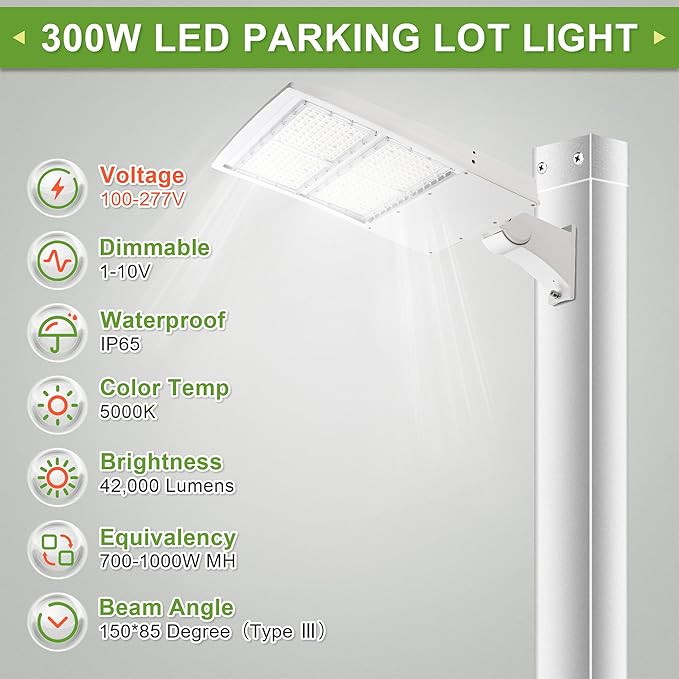 300W White LED Parking Lot Lights, LED Shoebox Pole Light, 40500Lm, 100-277Volt, Adjustable Direct Arms Mount, 1-10V Dimmable 700-1000W MH/HPS Replacement Lighting Fixture 100-277V