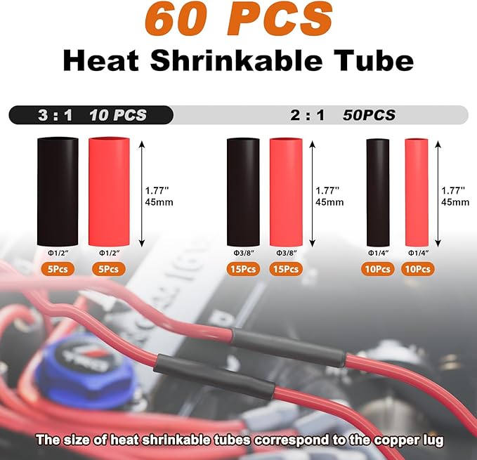 Sanuke Battery Cable Lug Crimping Tool for AWG10-1/0, Wire Terminal Crimper with 60pcs Copper Wire Lugs and Heat Shrink Tubing, Electrical Lug Wire Crimping Tool