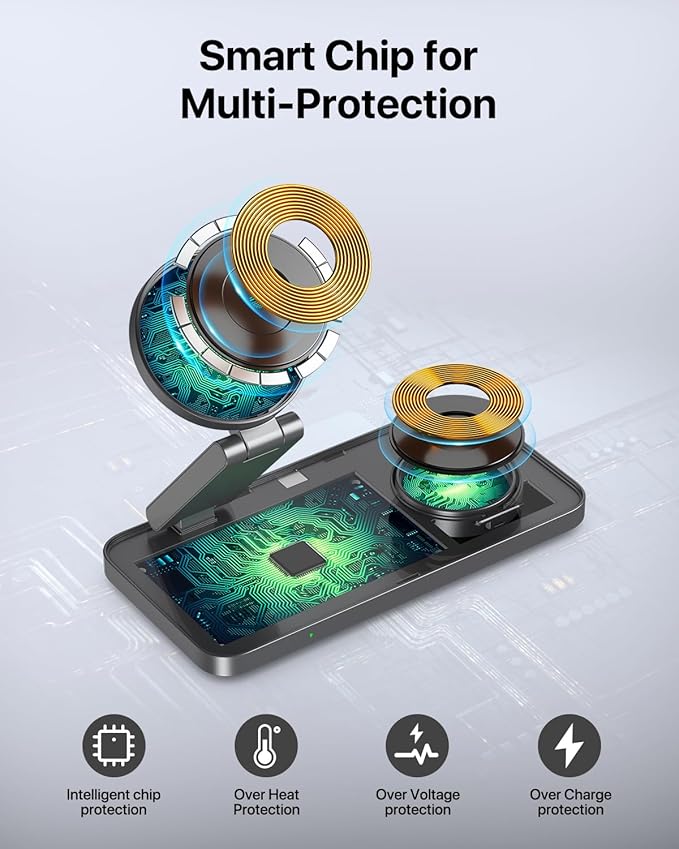 Foldable 3 in 1 Wireless Charging Station for Apple Compatible with Magsafe Charger Stand,Magnetic Wireless Charger Station for iPhone 15 14 13 12 Series,Airpods Pro,Apple Watch Ultra (Pure Black)