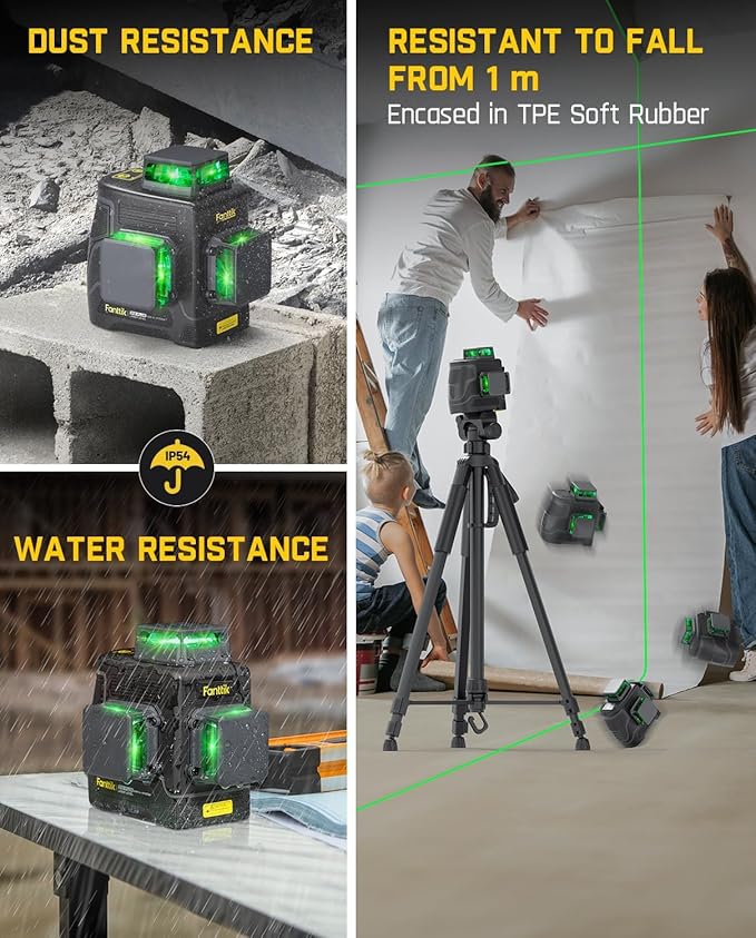 Fanttik D12 PLUS Laser Level Self Leveling 3 × 360°, 3D Green Cross Line, 5200 mAh Battery Rechargeable, Pulse Mode, Magnetic Bracket, Carrying Case, for Construction and Picture Hanging