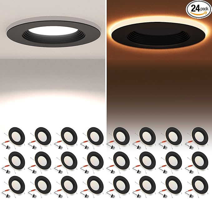 24 Pack Black 5/6 Inch LED Can Lights with Night Light, 5CCT Retrofit Recessed Lighting Selectable 2700K-6000K Dimmable, 12W=75W, 1200LM Downlight with Metal Smooth Trim-ETL and Energy Star