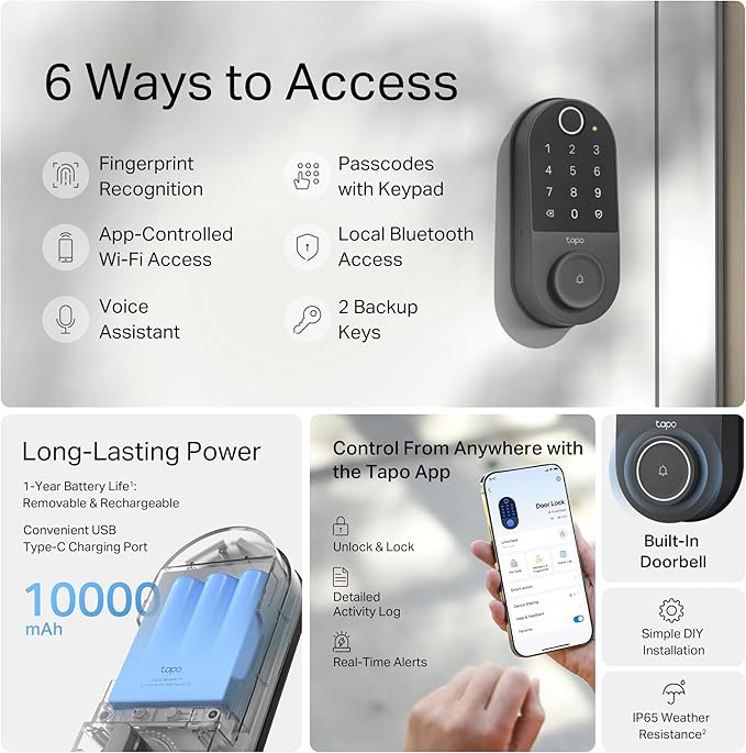 TP-Link Tapo Smart Door Lock, Deadbolt | Keyless Entry, Fingerprint Recognition, Touchscreen Keypad & in-App Monitoring with Scheduled Access | 1-Year Rechargeable Battery | BHMA Grade 2 | Tapo DL110