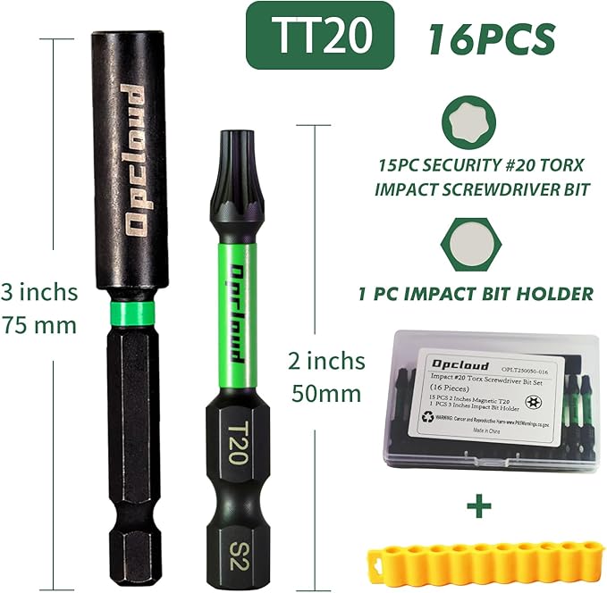 T20 Impact Screwdriver Bit Set, 16 Pieces 2”S2 Steel Magnetic #20 Torx Tips Driver Power Bit Set with Extension Impact Bit Holder