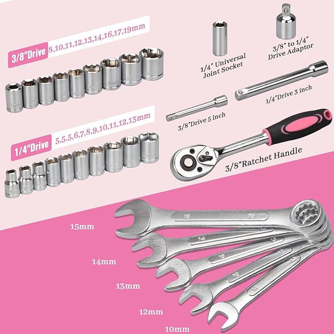 450 Piece Pink Tool Set with Chrome-Vanadium Steel Tools - Home, Car & Workshop Repair Kit for Women, Non-Slip Grip, Snap -Tight Toolbox with Drawer
