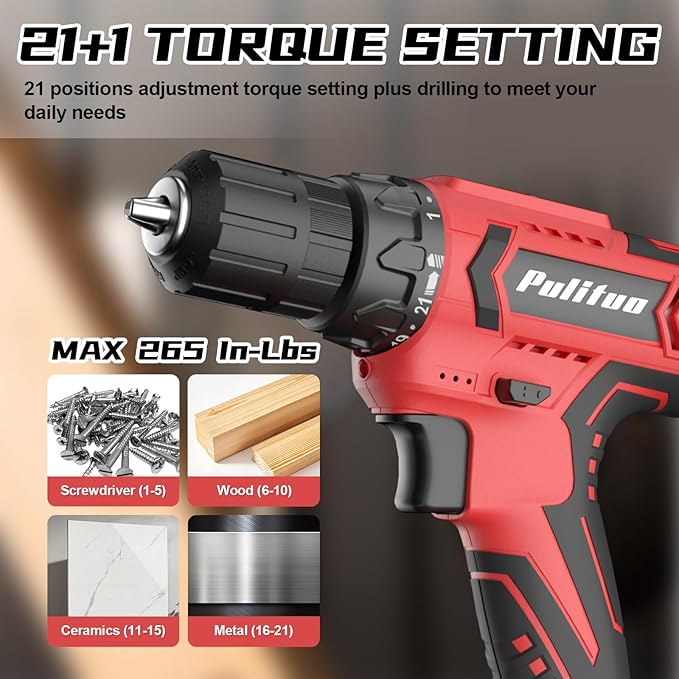 PULITUO Cordless Drill Set, 20V Electric Power Drill with Battery And Charger, 30N.m and 21+1 Torque, 2 Variable Speeds, with 59pcs Drill Driver Bits Kit, Screws Set，(Red)