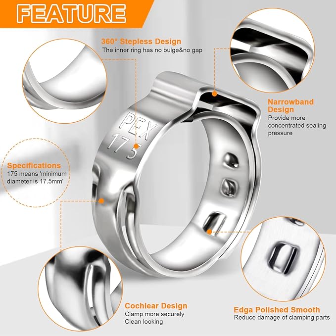 120 Pack 1/2 Inch PEX Cinch Clamps Rings, Premium 304 Stainless Steel Cinch Crimp Rings Pinch Clamps, Stepless Single Ear Hose Clamp for PEX Tubing Pipe Fitting Connections By Hydencamm (1/2"x120)