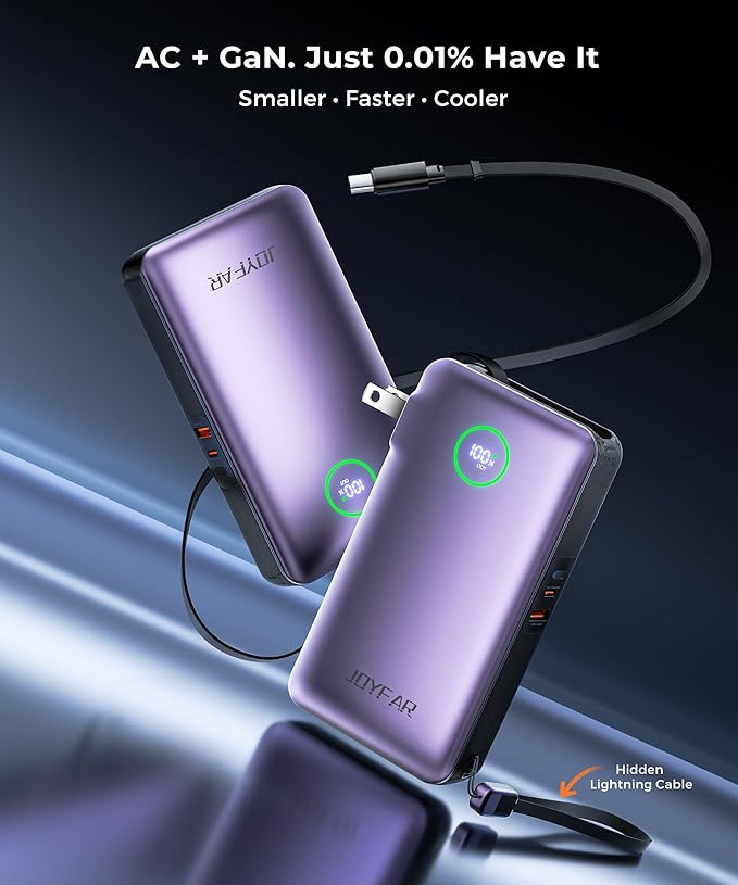 Portable Charger Power Bank - Battery Pack 35W AC Plug GaN 10000mAh Built in Cable USB C Phone Fast Charging Powerbank Compatible with iPhone 16 15 14 13 12 11 X iPad MacBook Samsung (Purple)