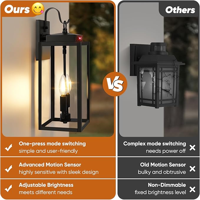 BesLowe 17.5” Upgraded Motion Sensor Outdoor Wall Lights, Dusk to Dawn Porch Lights Outdoor Wall Sconces, 3 Lighting Modes Exterior Lighting Fixtures with Hooks, Black Outside Lights for House, 2-Pack