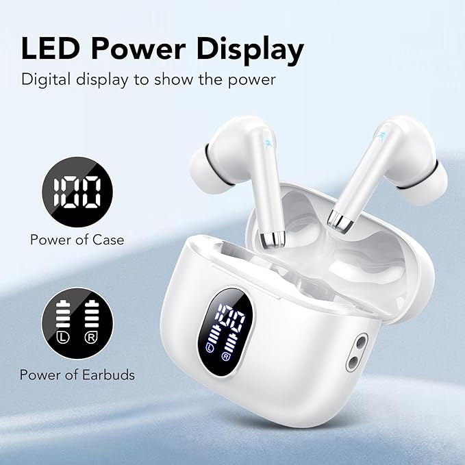 Wireless Earbuds, 2025 New Bluetooth 5.4 Headphones HiFi Stereo with 4 ENC Mic, 40H Mini Ear Buds In-Ear Noise Cancelling Earbuds with LED Screen, Ultra Light Bluetooth Earphones White for Android iOS