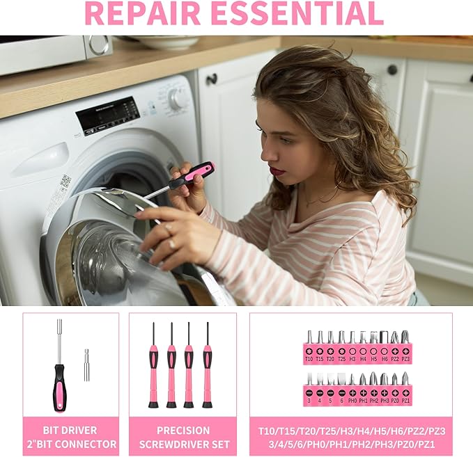 39 Piece All Purpose Basic Household Pink Tool Kit for Women - Small Tool Set with Toolbox Great for Home, Garage, Office and College Dormitory Use