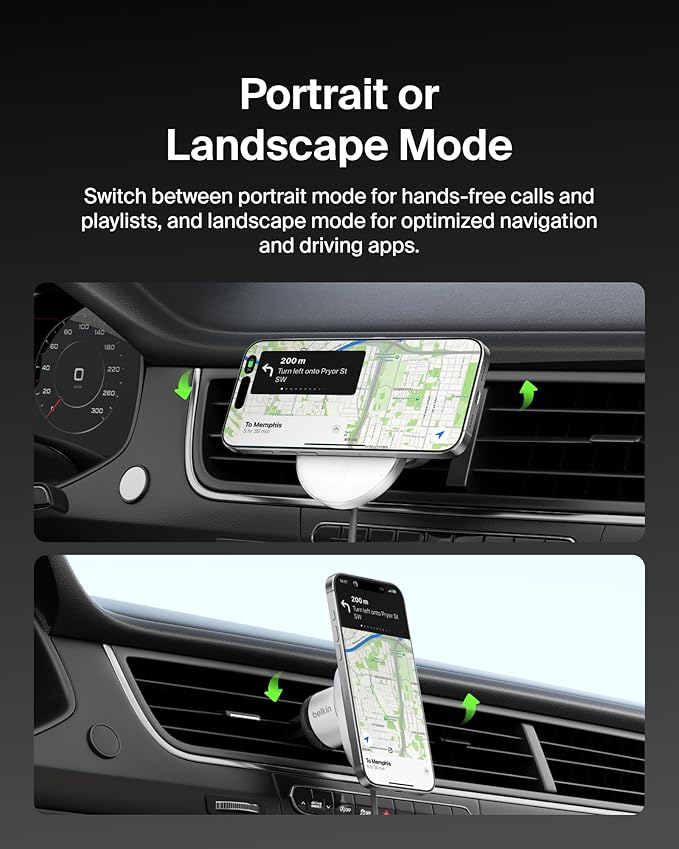 Belkin Wireless Car Charger 15W - MagSafe-Compatible Magnetic Charger - Qi2-Certified Wireless Charger, Magnetic Car Vent Phone Mount for iPhone 16, 15, 14, 13, 12, & Samsung Galaxy S25 Series - Gray