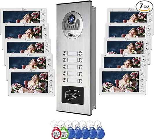 Video Apartment Intercom System,6 Units 7 inch Monitor Wired Video Door Phone Kit,Indoor Outdoor Video Doorbell,ID Keyfobs Unlock,2 Way Audio,6-Screen for Home Apartment (1 Doorbell+10 Monitor)