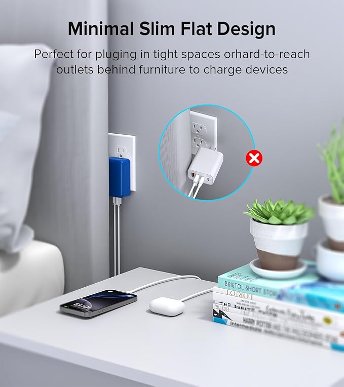 [2-Pack] Flat USB C Wall Charger,40W Fast USB C Charger Block,4-Port PD Power Adapter +QC Wall Plug Multiport Type C Charging Block Cube Compatible with iPhone 16 15 14 13 12 11 Pro Max XR XS 8(Blue)