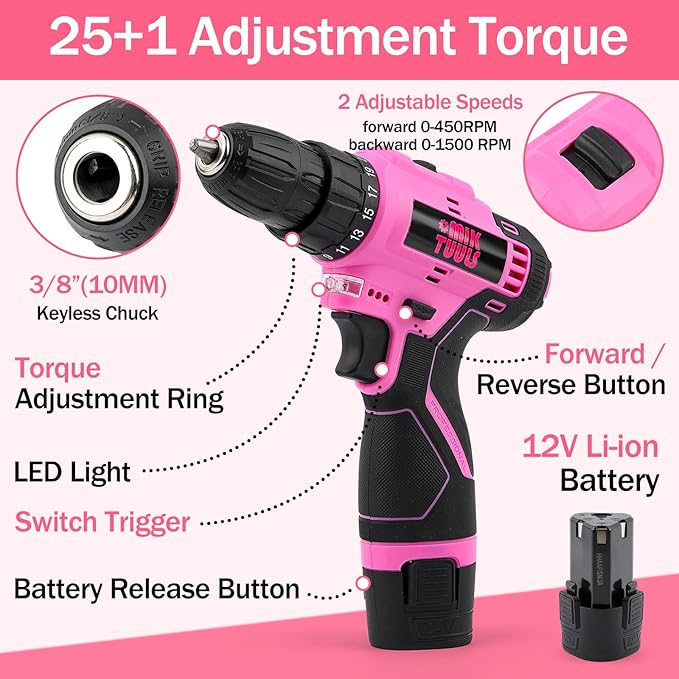 152PCS Home Tool Kit with 12V Cordless Drill, Pink