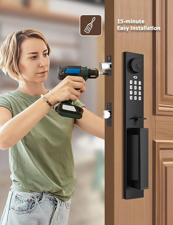 Keyless Entry Door Lock with Lever, Full Escutcheon Smart Door Handle, Digital Keypad Deadbolt with App, Front Door Handleset with Single Cylinder Deadbolt and Lever, Auto Locking, Black Finish
