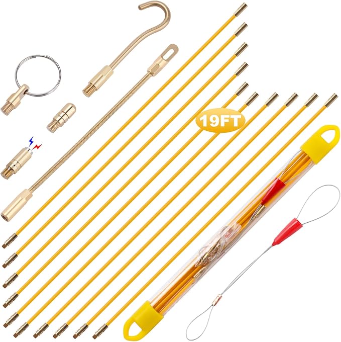 19' Fiberglass Running Electrical Wire Cable Pulling Fish Tape Kit with 5 Different Attachments and Fastener in a Carrying Case