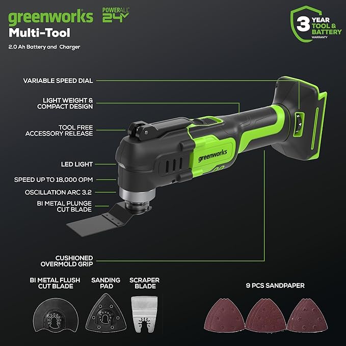 Greenworks 24V 3-pcs Combo Kit: 1950 in-lbs Impact Driver, 310 in./lbs Drill Driver, Multi-Tool, Includes 2 * 2.0Ah and Charger