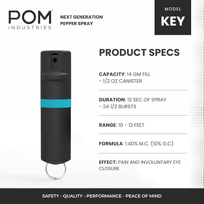 POM Pepper Spray Keychain, Quick Key Release for Instant Access, Flip Top Safety, Maximum Strength OC Formula with UV Marking Dye, 25 Bursts, 10 ft Range, 0.5 fl oz