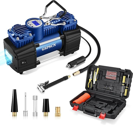 GSPSCN Portable Air Compressor Pump Tire Inflator with Digital Gauge, Heavy Duty Double Cylinder 12V Tire Pump 150 PSI with Tire Repair Kit and Toolbox for Auto,SUV,Off-Road,Truck,Bike (Blue)