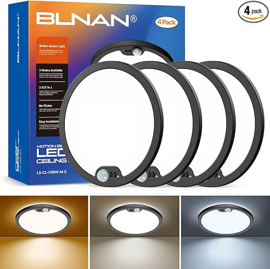 BLNAN Motion Sensor Ceiling Light Wired, 8.7 Inch 3000K 4000K 5000K Selectable LED Flush Mount Light Fixture, Motion Activated Light with Timer for Hallway Stair Walk-in Closet, Black Frame, 4 Pack