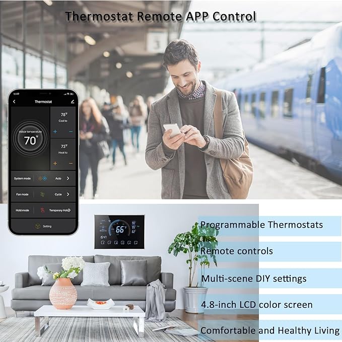 Smart Thermostats for Home, Digital Thermostat with App, WiFi Thermostats for Home Heat Pumps, Cooling Heating & Auto, Includes C-Wire Adapter, LCD Screen/Voice Control/Weather/Energy Saving