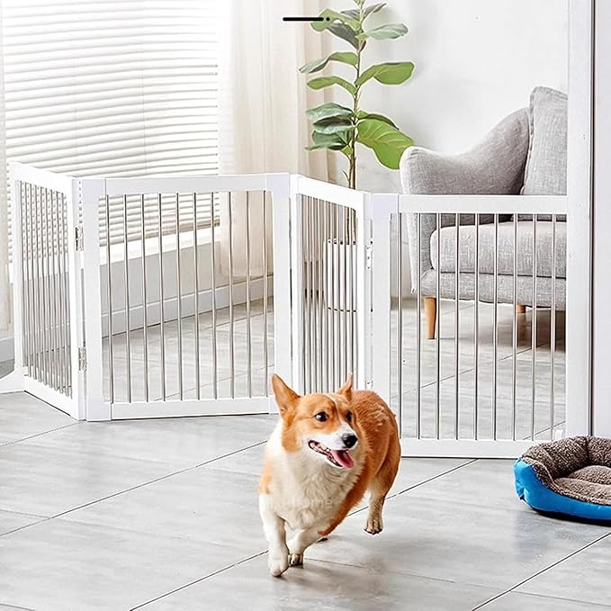 Foldable Wooden Dog Gates 82.6" Wide, 27.5" Tall Freestanding Pet Gate Dog Fence No-Installation Puppy Safety Fence Extra Wide Puppy Barrier for Doorways,Stairs, or Hallways-4 Panel，White