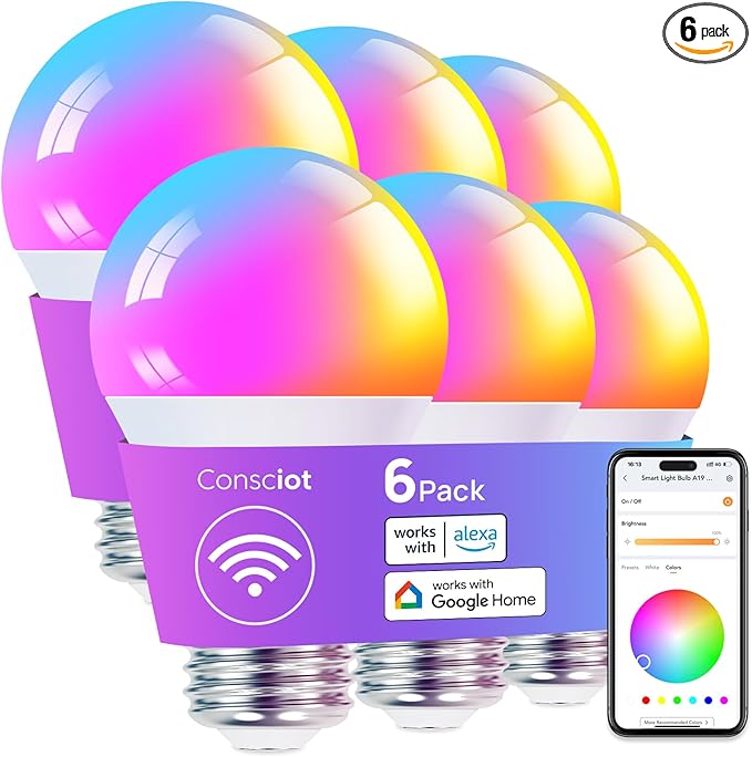 Consciot Smart Light Bulbs, LED Light Bulb That Works with Alexa & Google Home, Music Sync, RGBTW Color Changing Light Bulb, A19 E26 2.4Ghz WiFi Light Bulbs 60 watt Equivalent, 800lm Dimmable, 6 Pack
