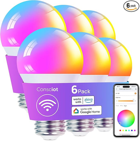 Consciot Smart Light Bulbs, LED Light Bulb That Works with Alexa & Google Home, Music Sync, RGBTW Color Changing Light Bulb, A19 E26 2.4Ghz WiFi Light Bulbs 60 watt Equivalent, 800lm Dimmable, 6 Pack